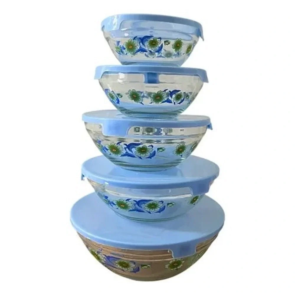 5pc Glass Serving Bowls Tupperware Stackable Floral BLUE Lids by Imperial Home